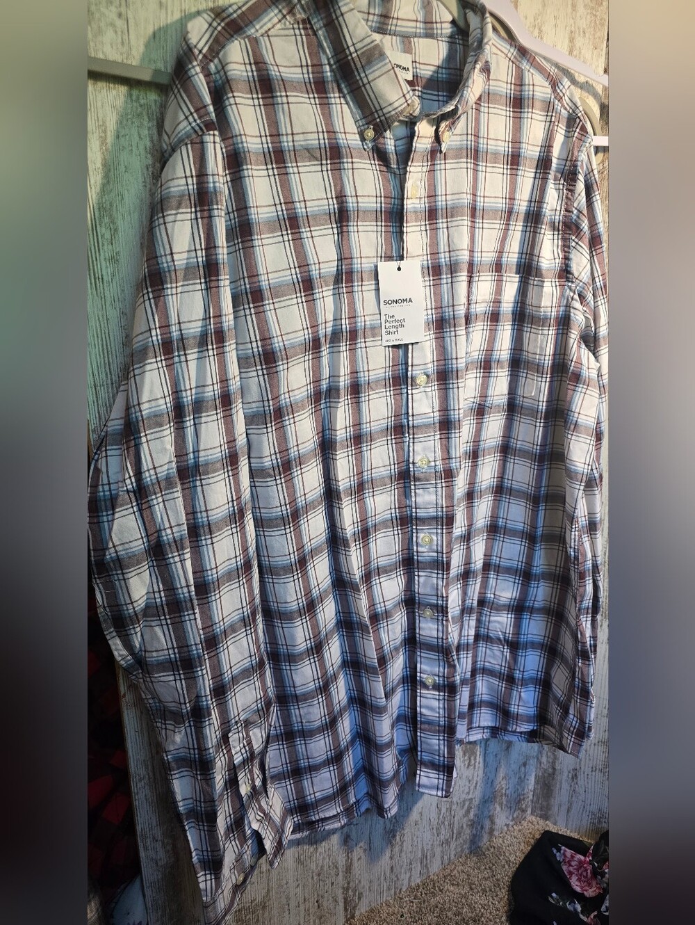 NWT Sonoma Men's Blue, Brown and White Plaid Button-Down Shirt Size 3XL Tall